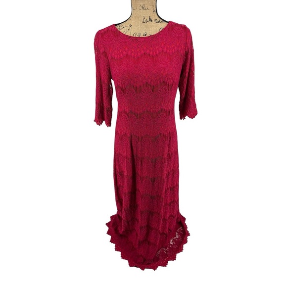 DAINTY JEWELLS Reddish Pink Lace Overlay Floor Length Evening Dress Medium - Picture 1 of 16